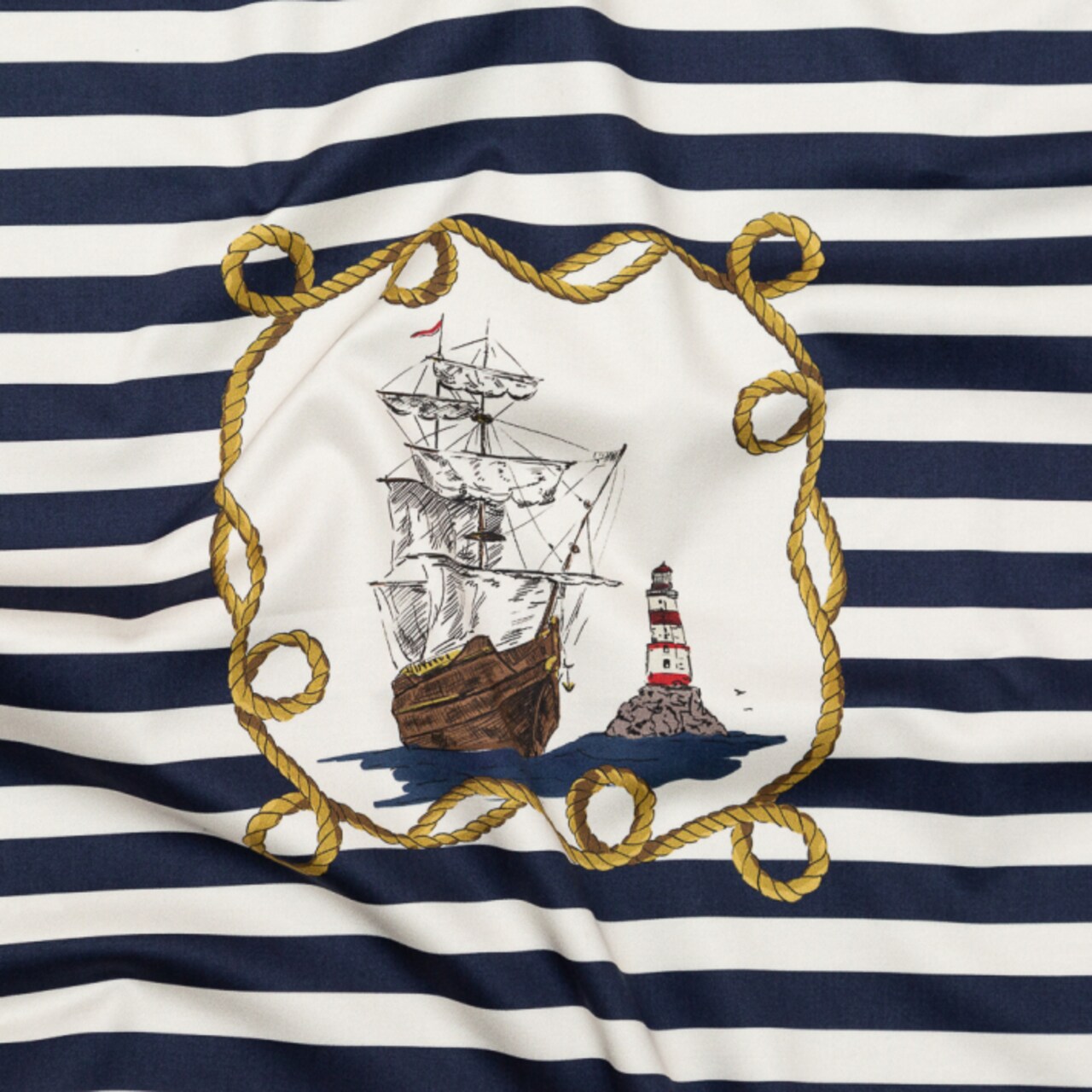 1 Yard Stretch Cotton Sateen Panel Navy and Gold Stripes and Ropes Fabric 55" Width